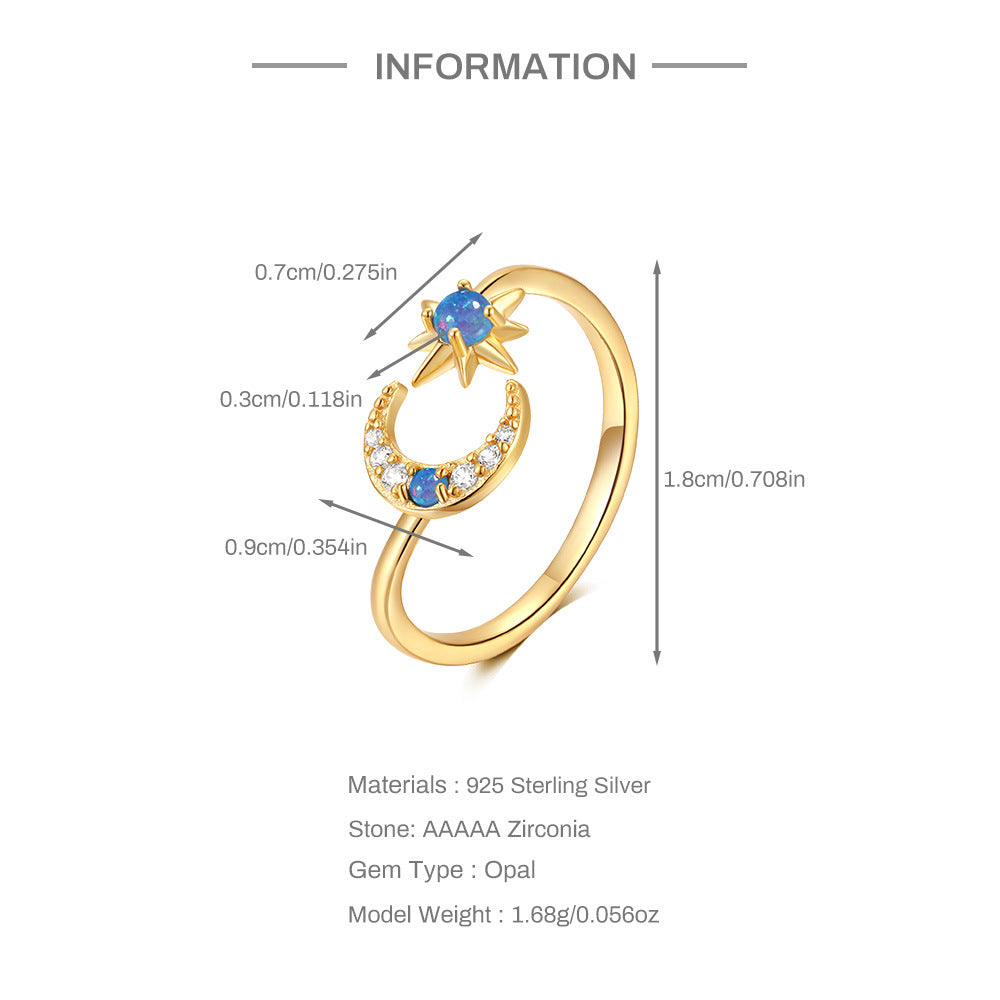 S925 Sterling Silber Stern Mond Eingelassene Opal Zwillings-Halskette Verstellbare Ring Set   Heiße Verkaufs Schmuck | Shop Nory