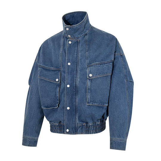 Damen Oversize-Jeansjacke mit Stehkragen, Druckknopfleiste und aufgesetzten Cargo-Taschen Shop Nory