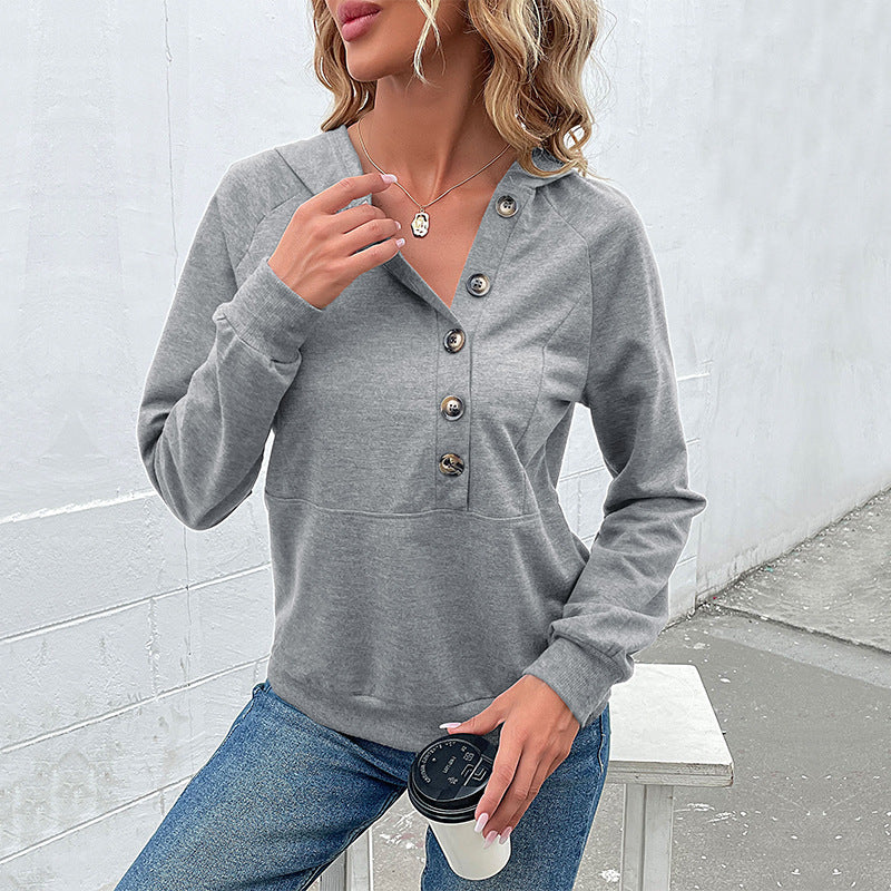 Damen Kapuzenpullover mit Zierknopfleiste, Raglanärmeln und Kängurutasche Shop Nory