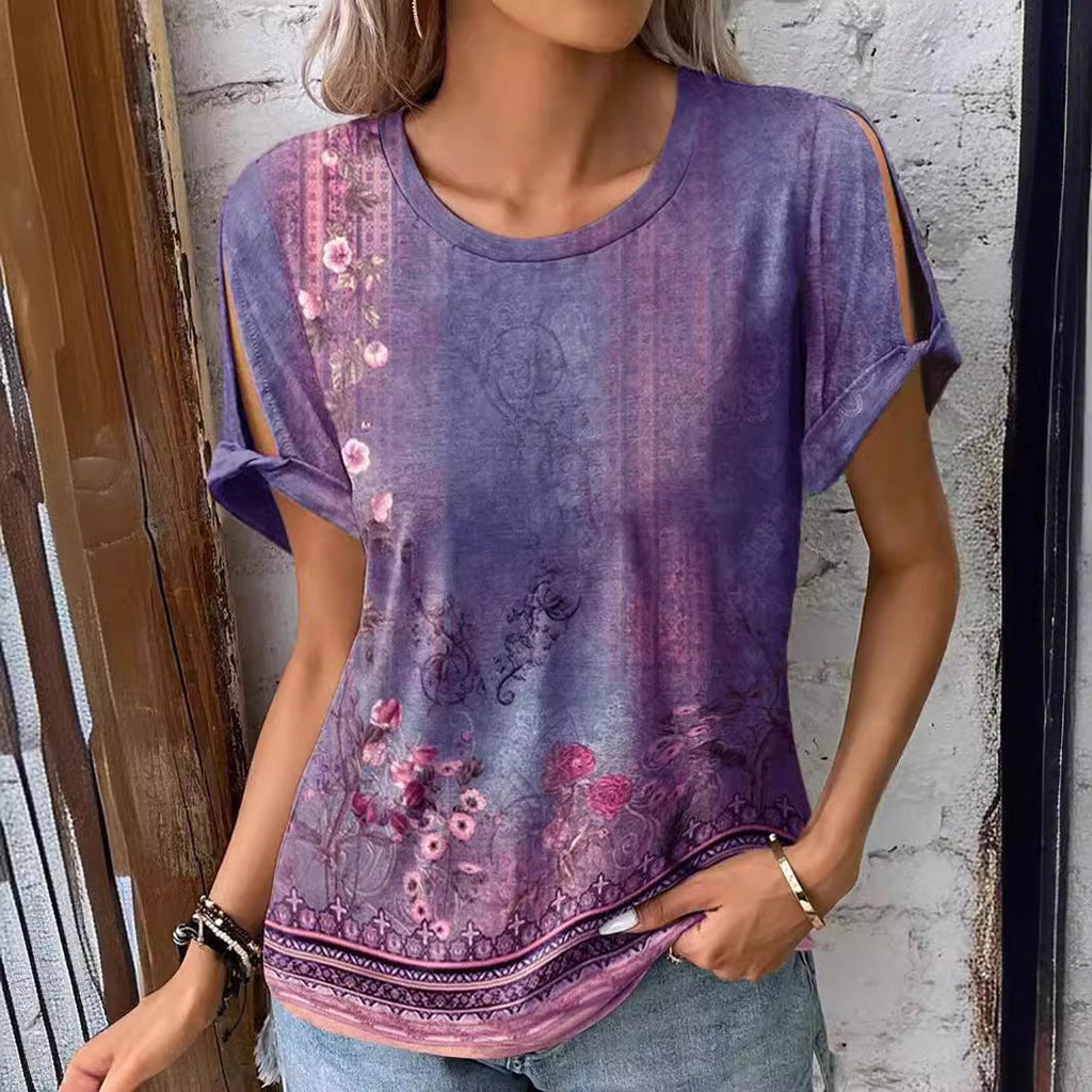 Damen T-Shirt mit floralem Muster und cut-out Ärmeln