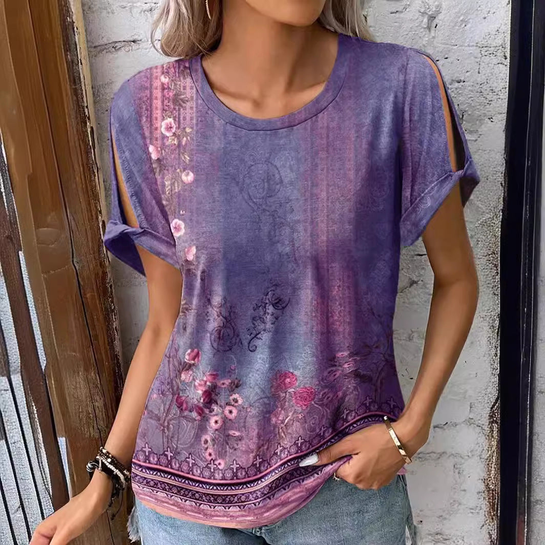 Damen T-Shirt mit floralem Muster und cut-out Ärmeln