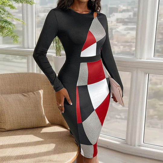 Damen Figurbetontes Midikleid mit grafischem Colorblock-Muster, Cut-Out-Schulter und taillierter Silhouette Shop Nory