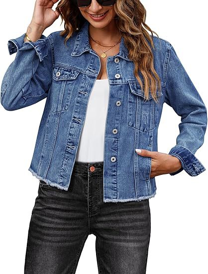 Damen Kurz geschnittene Denim-Jacke mit fransigem Saum und Brusttaschen Shop Nory