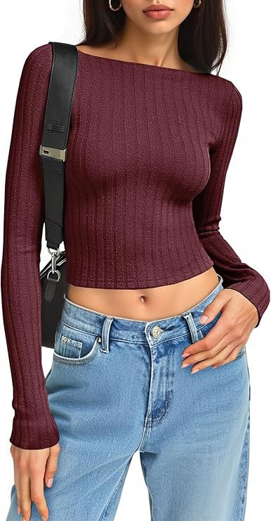 Damen Tailliertes Ripp-Cropped-Longsleeve mit U-Boot-Ausschnitt und Stretch-Baumwollmix Shop Nory