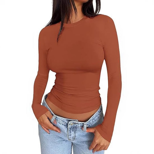 Damen Körpernahes Langarmshirt im Cropped-Look mit verlängerten Ärmeln und Daumenloch Shop Nory