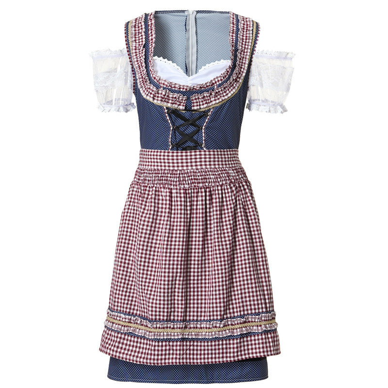 Damen nan traditionelles Dirndlkleid mit kariertem Schürzenrock, Schnürung und Spitzenärmeln Shop Nory