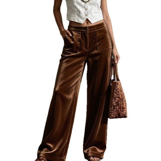 Damen Weite Samt-Palazzohose mit hoher Taille und aufgesetzten Taschen Shop Nory