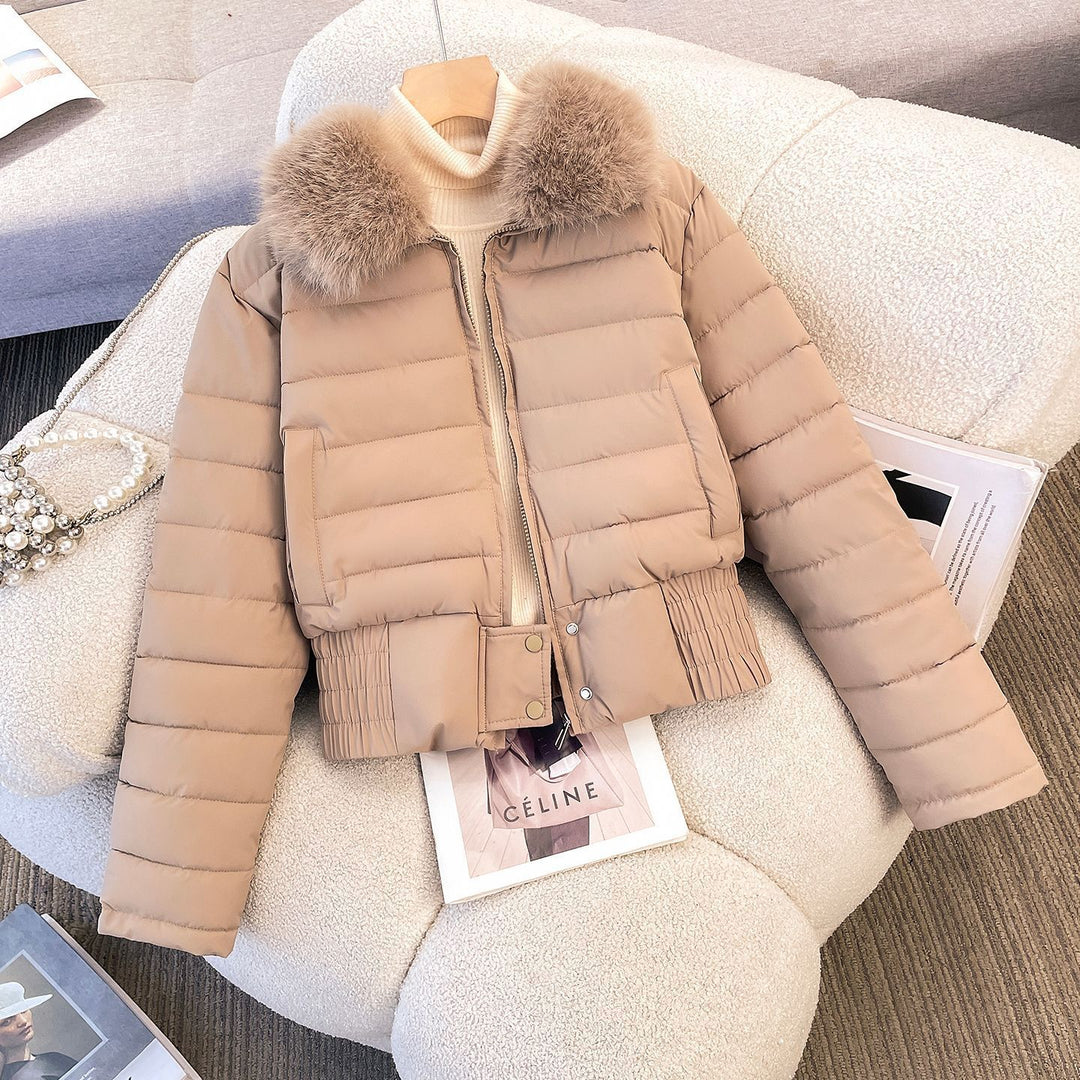Damen nan kurze gesteppte Bomberjacke mit abnehmbarem Fellkragen und tailliertem Rippbund Shop Nory
