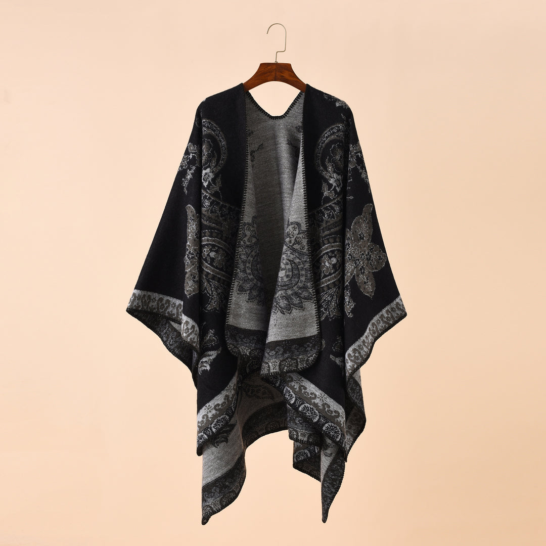 Damen Oversize Strickponcho mit Paisley-Muster und offenem Fall Shop Nory