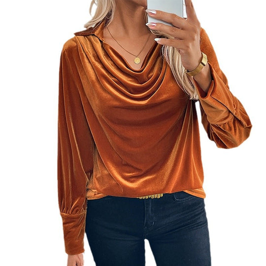 Damen Samtbluse mit Wasserfalldrapierung, Hemdkragen und Ballonärmeln Shop Nory