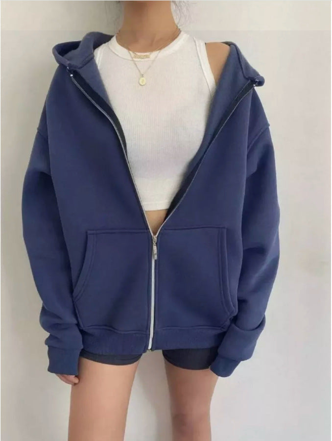 Damen nan minimalistisches French-Terry Zip-Hoodie mit durchgehendem Reißverschluss, Kängurutasche und Daumenloch-Ärmeln Shop Nory
