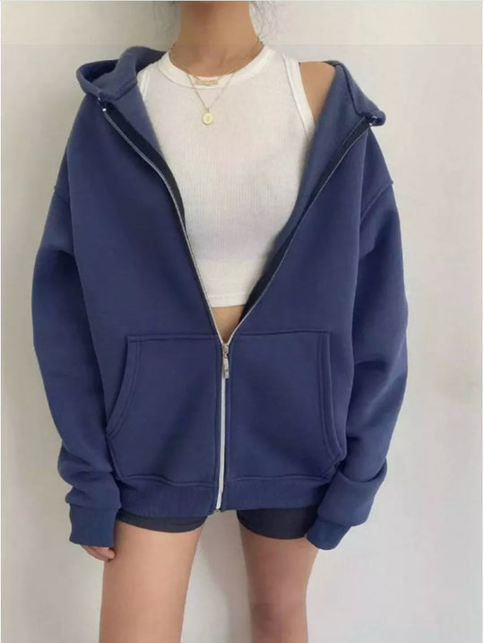 Damen nan minimalistisches French-Terry Zip-Hoodie mit durchgehendem Reißverschluss, Kängurutasche und Daumenloch-Ärmeln Shop Nory
