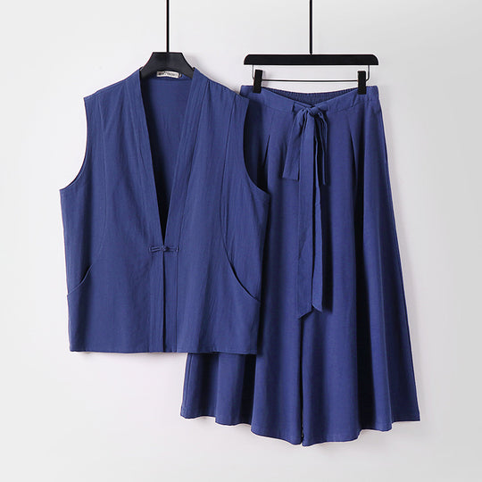 Damen Ärmelloses Kimono-Loungewear-Set aus leichtem Viskose-Leinen mit Bindeweste und weiten Palazzo-Hose Shop Nory