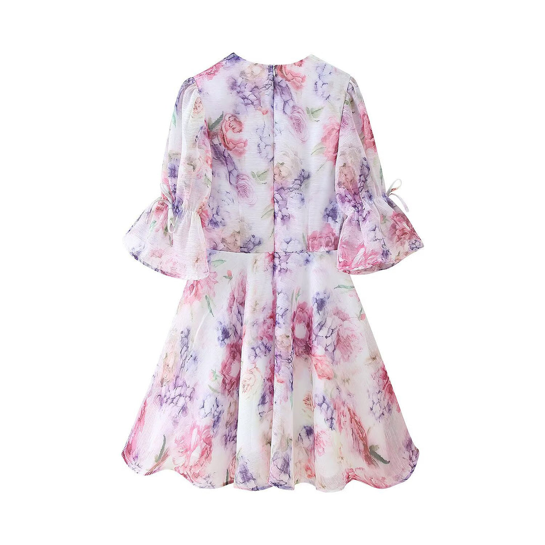 Damen Romantisches Plissiertes Chiffon-Minikleid mit tiefem V-Ausschnitt und Volant-Puffärmeln Shop Nory