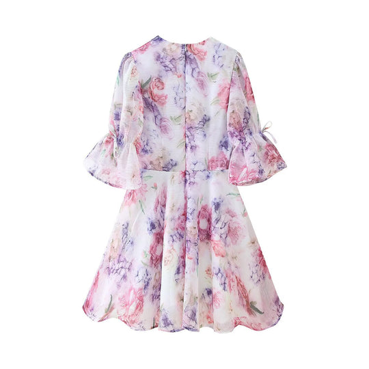 Damen Romantisches Plissiertes Chiffon-Minikleid mit tiefem V-Ausschnitt und Volant-Puffärmeln Shop Nory