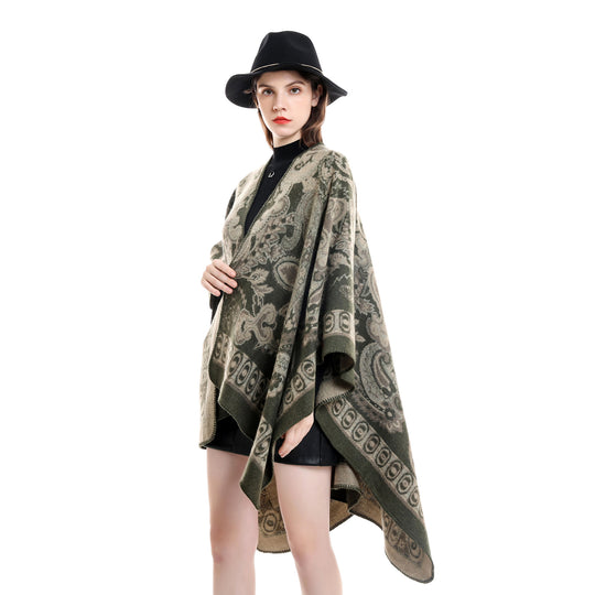 Damen Jacquard-gewebte Oversize-Ruana mit Ornamentik und offenem Kimono-Fall Shop Nory