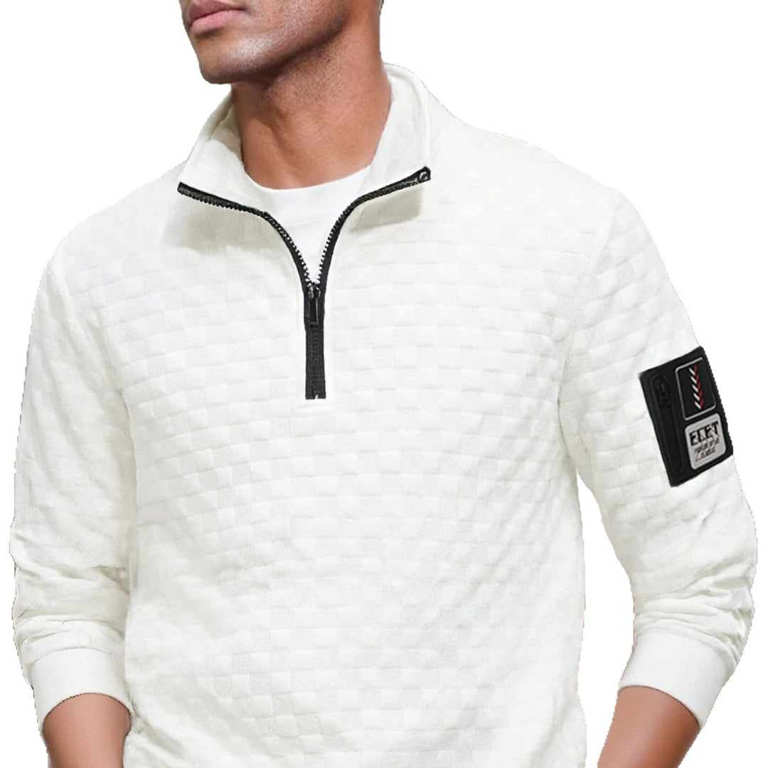 Herren strukturierter Stehkragen-Halbzip-Pullover mit Karosteppung, elastischen Bündchen und Ärmel-Patch Shop Nory
