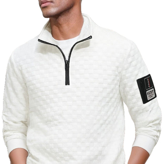 Herren strukturierter Stehkragen-Halbzip-Pullover mit Karosteppung, elastischen Bündchen und Ärmel-Patch Shop Nory