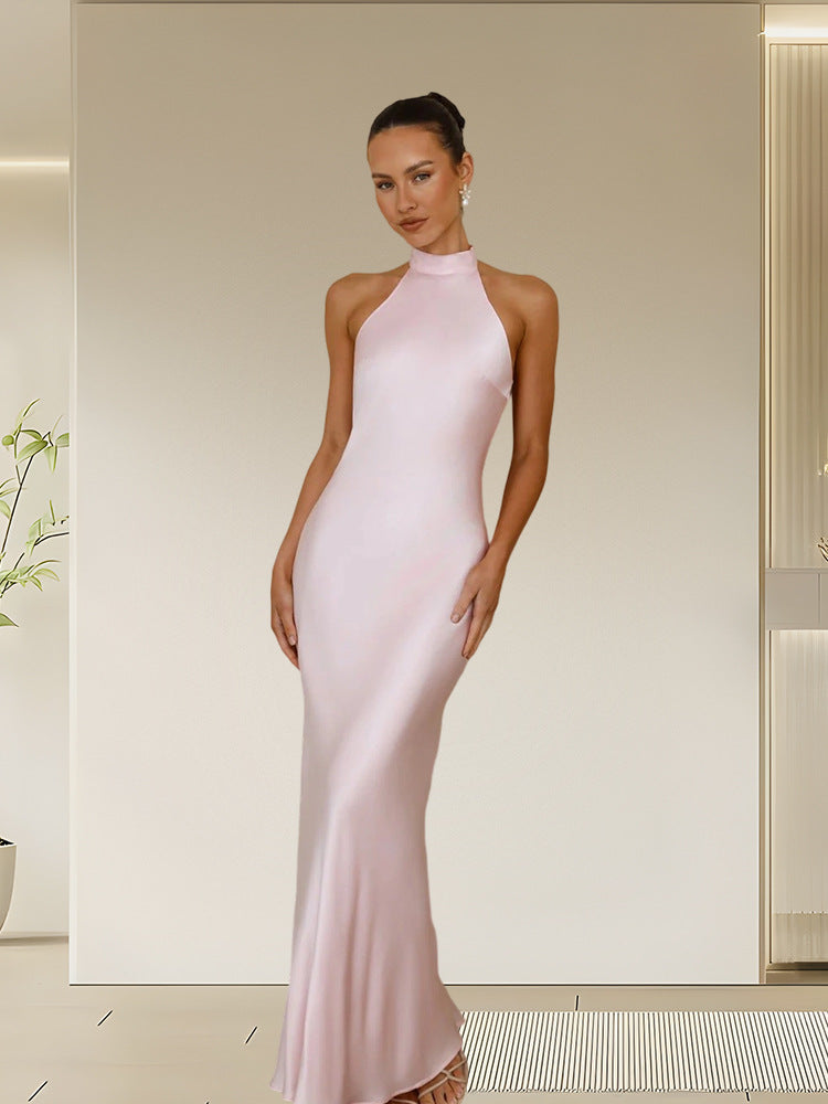 Damen Elegantes Satin-Maxikleid mit hohem Kragen und körpernahem Schnitt Shopnory