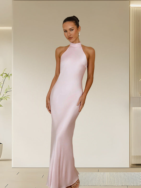 Damen Elegantes Satin-Maxikleid mit hohem Kragen und körpernahem Schnitt Shopnory