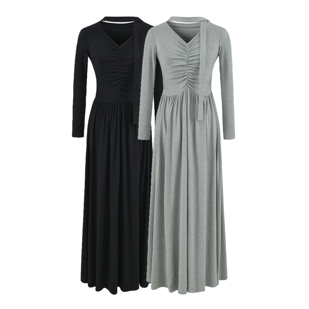 Damen Langes Jersey-Maxikleid mit Raffung, V-Ausschnitt und Bindeschal Shop Nory