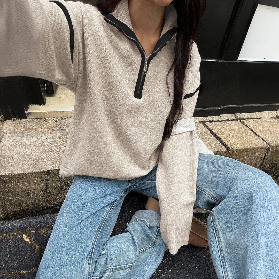 Damen nan oversized Strickpullover mit halbem Reißverschluss, Kontrastpaspeln und überschnittener Schulter Shop Nory