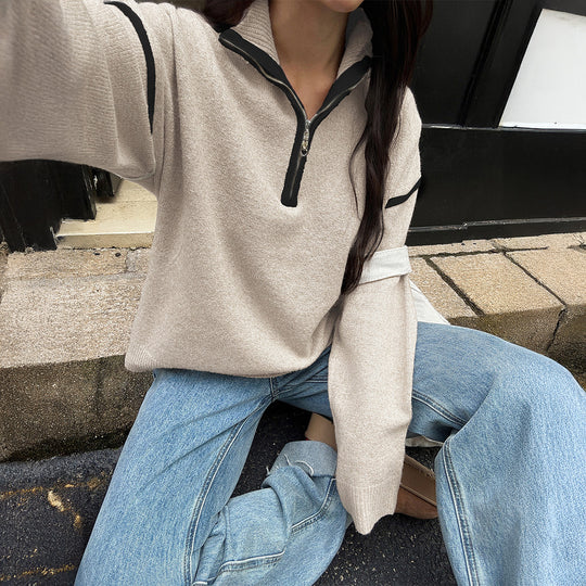 Damen nan oversized Strickpullover mit halbem Reißverschluss, Kontrastpaspeln und überschnittener Schulter Shop Nory