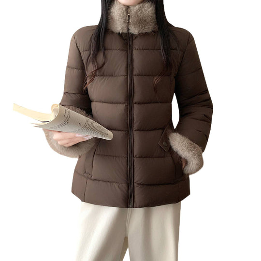 Damen nan taillierte Thermo-Kurzjacke mit elastischem Taillengürtel, Webpelzkragen und Kunstfellmanschetten Shop Nory