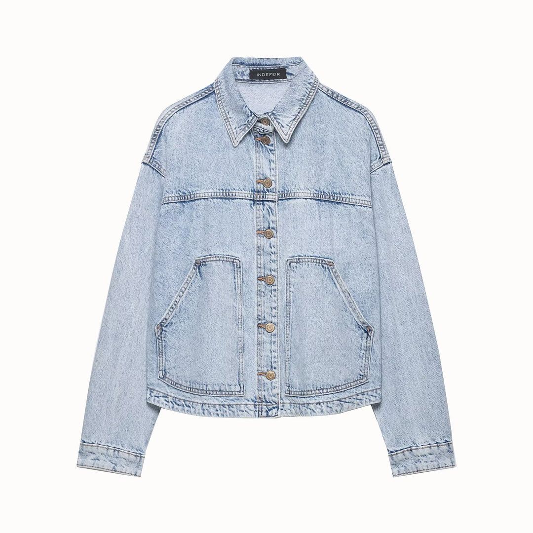 Damen Boxy Cropped Denim-Workerjacke mit großen aufgesetzten Fronttaschen Shop Nory