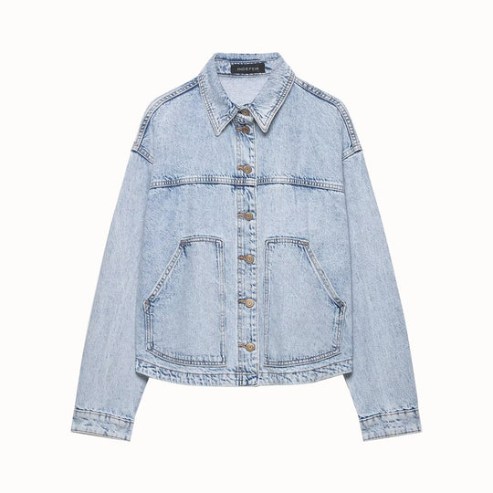 Damen Boxy Cropped Denim-Workerjacke mit großen aufgesetzten Fronttaschen Shop Nory