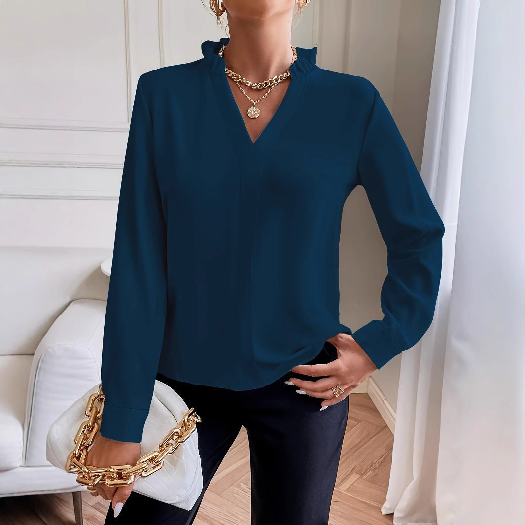 Damen Bluse mit eleganter Rüschendetail und modernem V-Ausschnitt Shopnory