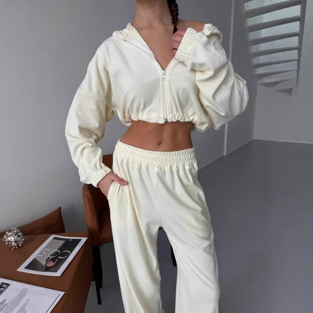 Damen cropped Zip-Hoodie mit elastischem Saum und locker fallende Palazzo-Jogginghose Shop Nory