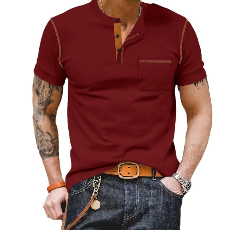 Herren nan urbanes Kurzarmshirt mit Stehkragen, halber Knopfleiste und Brusttasche