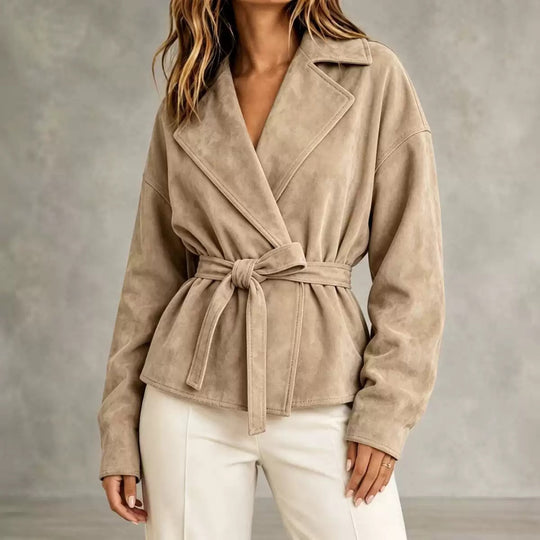 Damen Veloursleder-Blazer mit Wickelgürtel und Oversize-Ärmeln Shop Nory