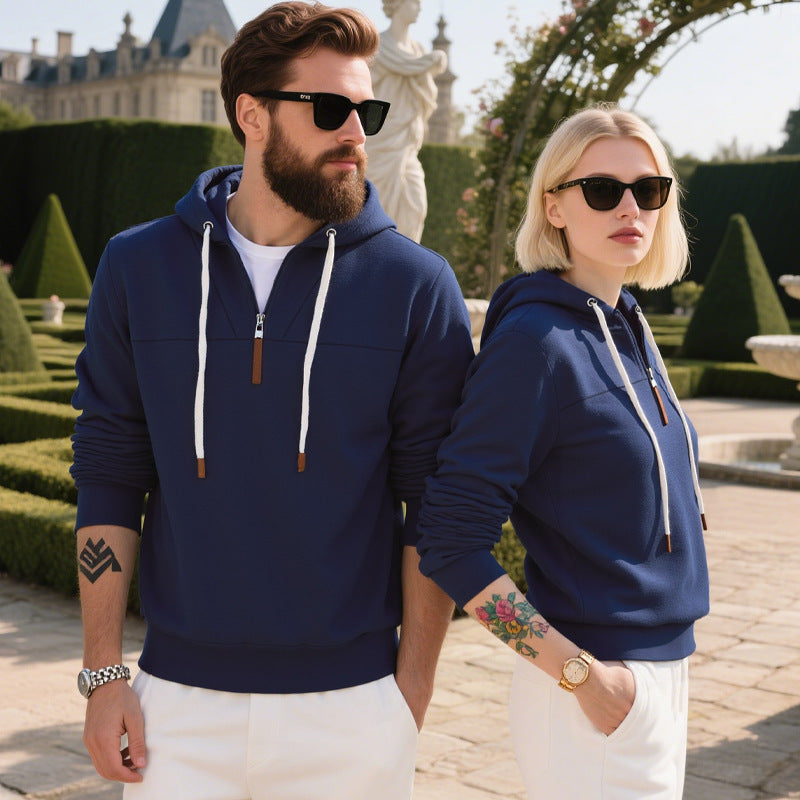 Herren nan minimalistischer Soft‑Fleece Halbzip‑Hoodie mit Lederzipper und Kordelzug Shop Nory