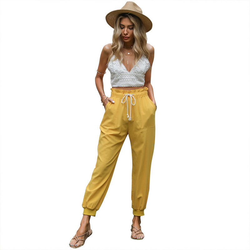 Damen Leichte Paperbag-Joggerhose mit Kordelzug, hohen Bundfalten und elastischen Bündchen Shop Nory