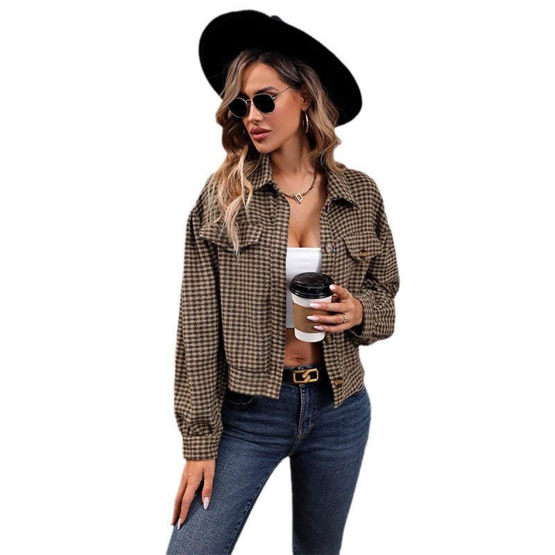 Damen Kurze Oversize‑Shacket mit Hahnentritt‑Muster, Brusttaschen & Knopfleiste Shop Nory