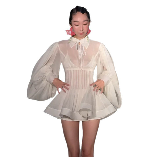 Damen Transparentes Chiffon-Minikleid mit Korsagenoptik, Puffärmeln und ausgestelltem Rock Shop Nory