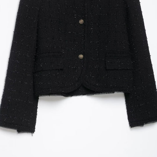 Damen Kurze Bouclé-Tweedjacke ohne Kragen mit goldfarbenen Zierknöpfen Shop Nory
