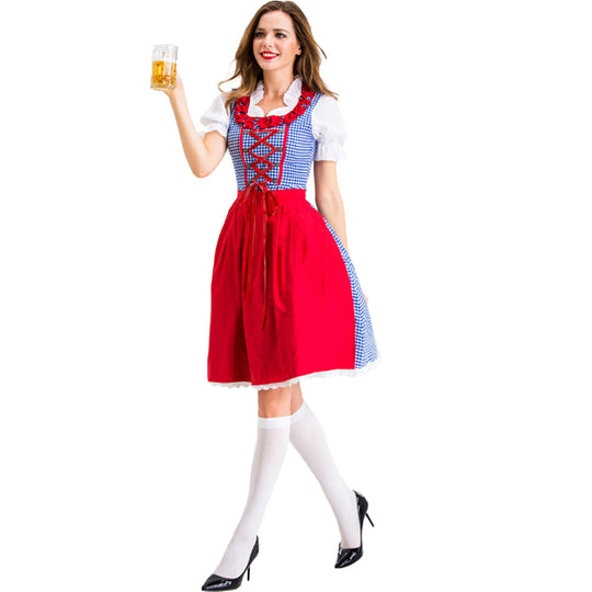 Damen nan Karo-Dirndl mit geschnürter Miederfront, Rüschenkragen und taillierter Schürze Shop Nory