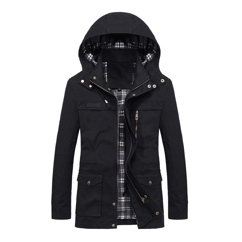 Herren Canvas-Fieldparka mit Kapuze, kariertem Innenfutter und Multifunktionstaschen Shop Nory