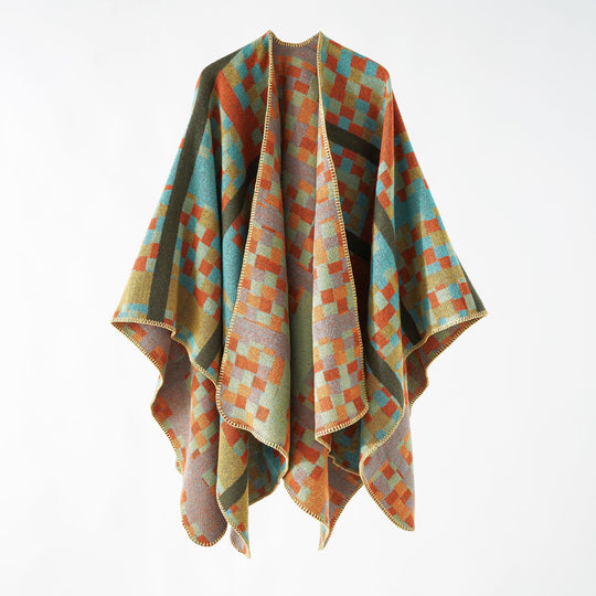 Damen Kastiger Webponcho mit grafischem Jacquard und Kettelkante Shop Nory