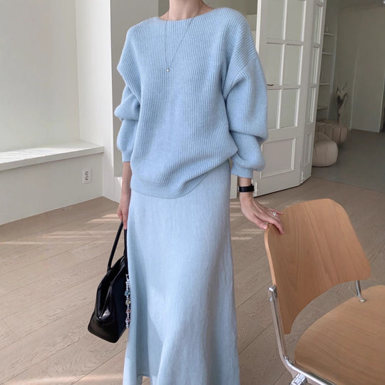 Damen Strick-Set aus Oversize-Ripp-Pullover und fließendem Maxirock Shop Nory