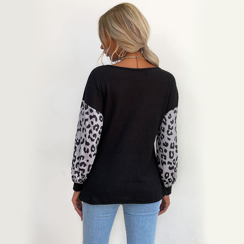 Damen Lässiges Shirt mit Waffelstruktur, Leoparden-Ärmeln und Knotenfront Shop Nory