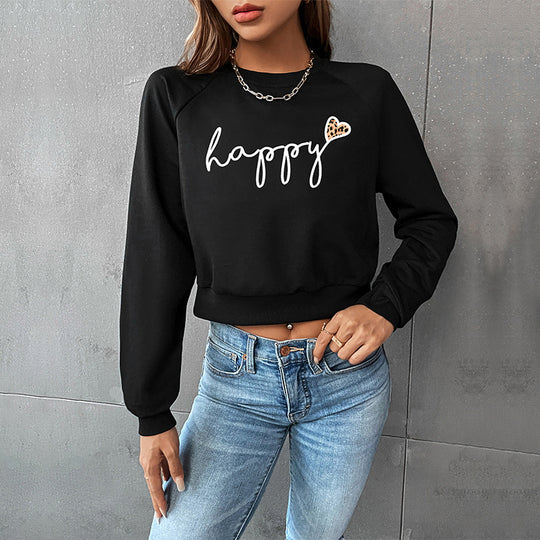 Damen Cropped-Sweatshirt mit Script-Print, Herz-Applikation und Raglanärmeln Shop Nory