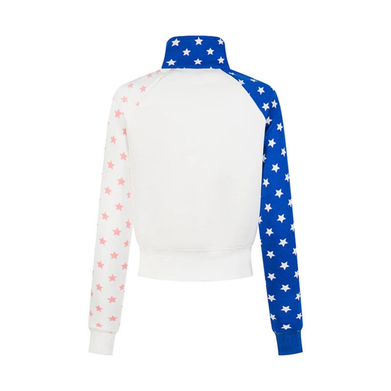 Damen Kurz geschnittene Zip‑Up Sweatjacke mit Stehkragen, Sternprint und Raglanärmeln Shop Nory