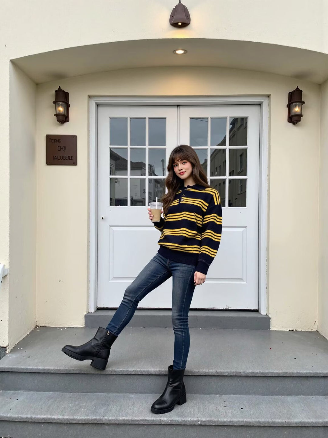 Damen Oversize Polokragen-Strickpullover mit mehrfarbigen Streifen und Rippbündchen Shop Nory
