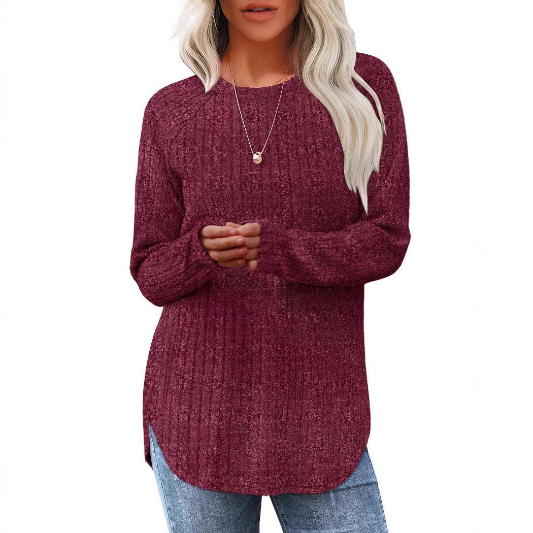 Damen gerippter Strickpullover mit Rundhalsausschnitt Oversize-Passform und Seitenschlitzen Shop Nory