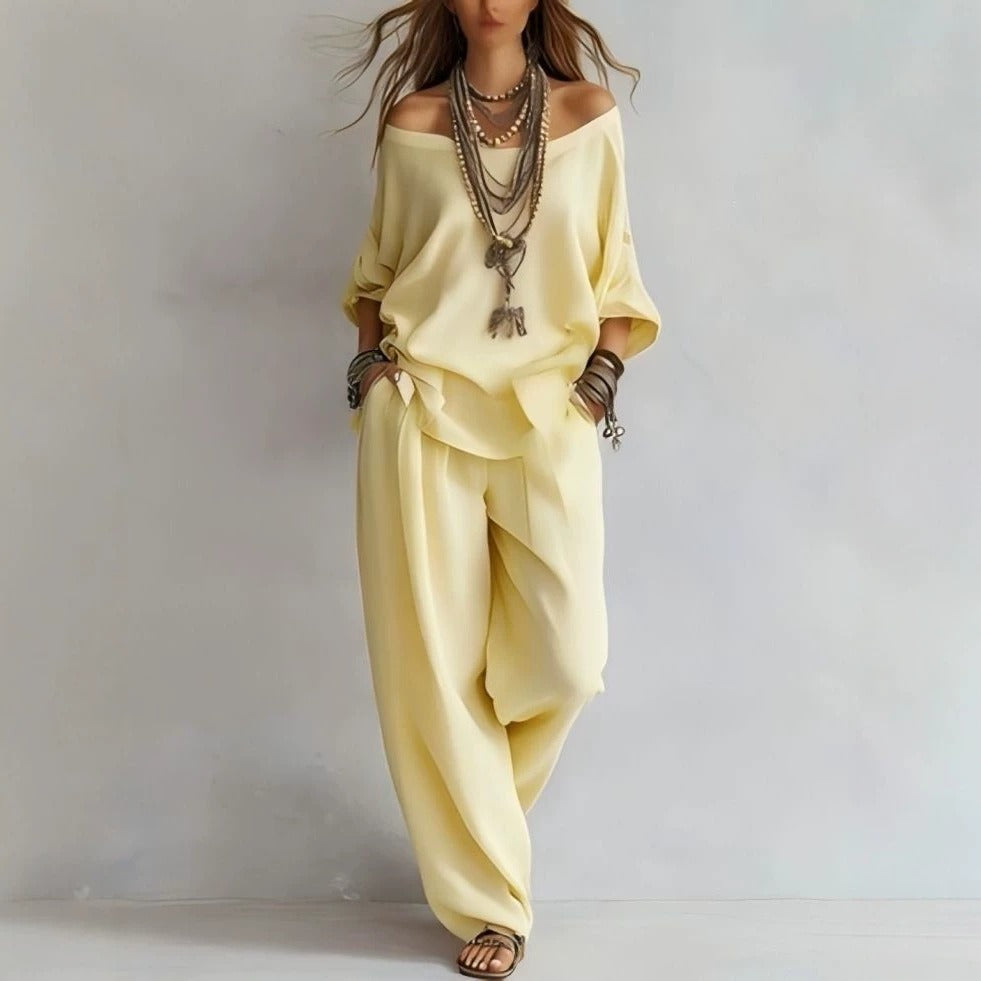 Damen Lässiges Leichtes Lounge-Set mit Carmenausschnitt und Palazzo-Hose Shop Nory