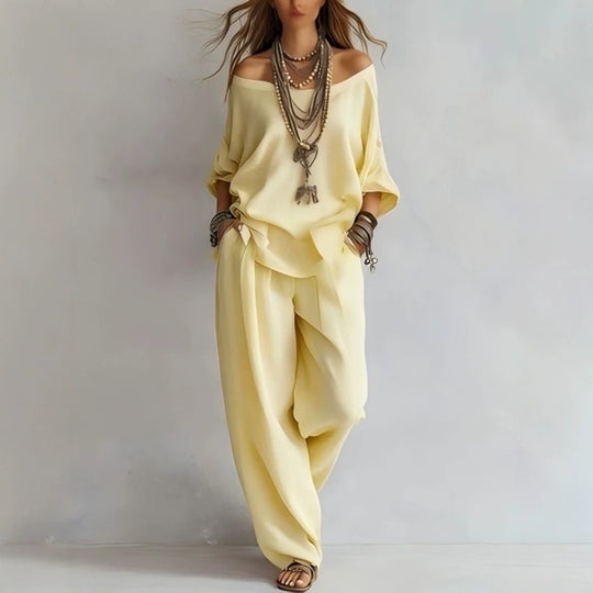 Damen Lässiges Leichtes Lounge-Set mit Carmenausschnitt und Palazzo-Hose Shop Nory